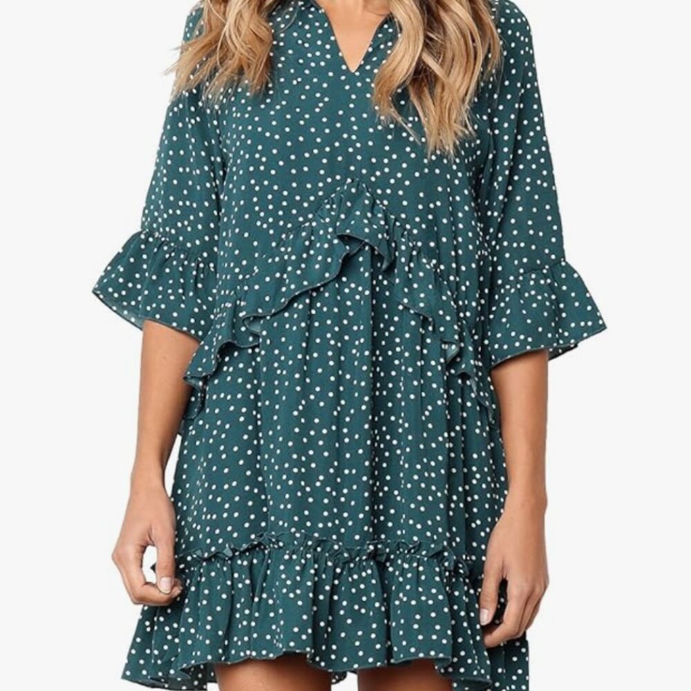 Women's Green V Neck Ruffle Polka Dot Pocket Loose Swing Dress | Size L